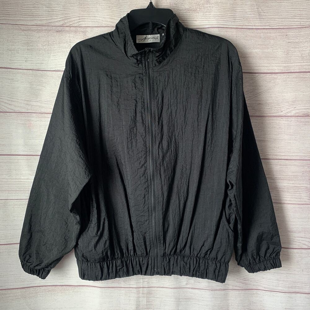 Vintage Aero Dynamics Black Windbreaker Jacket Full Zip Up Front Pockets Size S